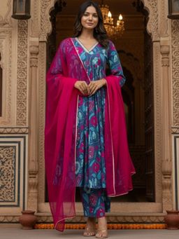 Gahan - Womens Cotton Blend Printed Anarkali Kurta Pant With Dupatta