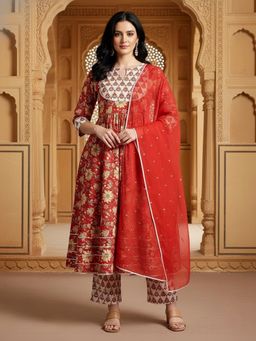 Gahan - Womens Printed Muslin Anarkali Kurta and Pant with Dupatta