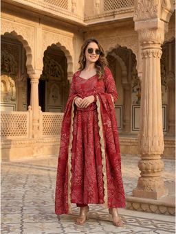 Gahan - Womens Printed Muslin Anarkali Kurta and Pant with Dupatta