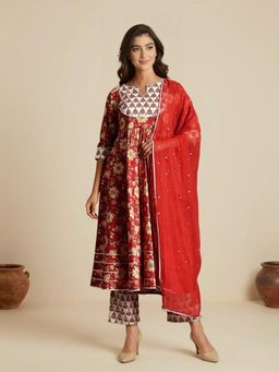 Gahan - Womens Printed Muslin Anarkali Kurta and Pant with Dupatta