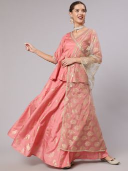 Jaipur Kurti - Peach Bird Printed Silk Blend Peplum Top and Skirt with Dupatta (Set of 3)