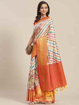 Silk Land - Pure Silk Stripes & Woven Saree with Unstitched Blouse Piece Multi-Color with Unstitched
