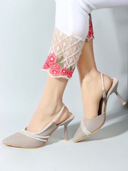 CHINRAAG - Women Grey Embellished Pointed Toe Slingback Stiletto Heels