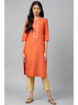 Aurelia - Orange Mandarin Collar Solid Straight Kurta