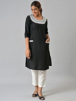 Aurelia - Black Embroidered Kurta with White Trouser (Set of 2)