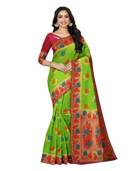 Mimosa - Green Patola Style Art Silk Saree With Unstitched Blouse