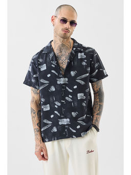 Snitch - Men Navy Blue Abstract Casual Shirt