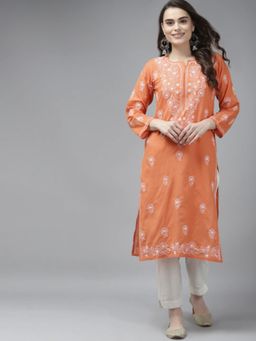ADA - Hand Embroidered Orange Cotton Lucknow Chikankari Kurta