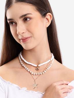 Carlton London - Gold Plated White Pearl Seashell and Starfish Pendant Necklace (Pack of 3)