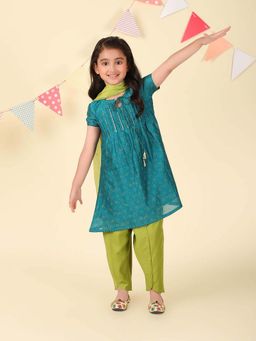 Fabindia - Teal Cotton Silk Hand Block Printed Kurta with Salwar and Dupatta (Set of 3)