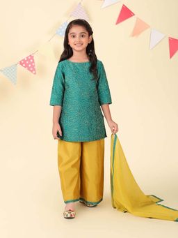 Fabindia - Teal Cotton Silk Hand Floral Kurta with Palazzo and Dupatta (Set of 3)