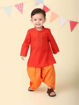 Fabindia - Red Cotton Embroidered Kurta with Dhoti Pant (Set of 2)