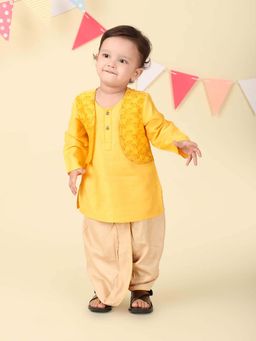 Fabindia - Yellow Viscose Silk Block Printed Kurta with Dhoti Pant (Set of 2)