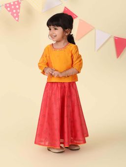 Fabindia - Yellow Cotton Silk Hand Block Printed Lehenga with Choli (Set of 2)