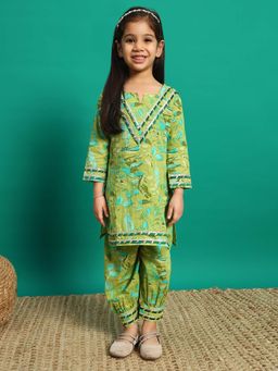 Readiprint - Straight Style Cotton Fabric Green Color Kurti with Harem Pant (Set of 2)