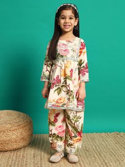 Readiprint - Frock Style Cotton Fabric Cream Color Kurti with Palazzo (Set of 2)