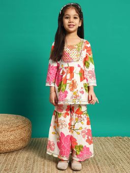 Readiprint - Frock Style Cotton Fabric White Color Kurti with Sharara (Set of 2)