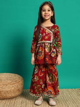 Readiprint - Frock Style Cotton Fabric Maroon Color Kurti with Sharara (Set of 2)