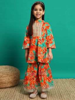 Readiprint - Frock Style Cotton Fabric Orange Color Kurti with Sharara (Set of 2)