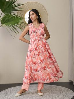 ADORNIA - Floral Peach Blendtucks Yoke Flared Kurta with Trouser (Set of 2)