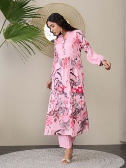 ADORNIA - Floral Pink Flared Centre Gathered Kurta with Trouser (Set of 2)