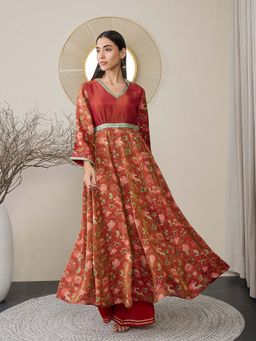 ADORNIA - Women Printed Yoke Shimmer with Flared Embellish shed Kurta and Palazzo (Set of 2)