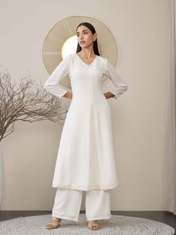 ADORNIA - Off White A-Line Embellish shed with Lace Kurta and Palazzo (Set of 2)