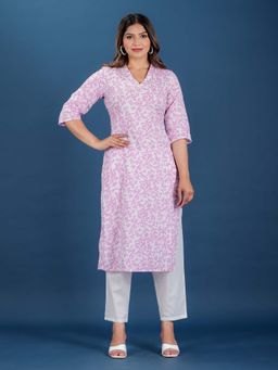 ARAMYA - Women Soft Cotton Straight Floral Print Festive Wear Kurta with Pant (Set of 2)