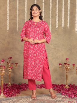 ARAMYA - Women Rayon Straight Floral Print Festive Wear Kurta with Pant (Set of 2)