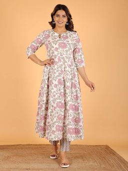 ARAMYA - Women Soft Cotton Flared Floral Print Kurta with Pant (Set of 2)