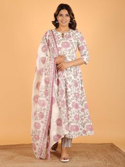 ARAMYA - Women Cotton Flared Floral Print Festive Wear Kurta with Pant and Dupatta (Set of 3)
