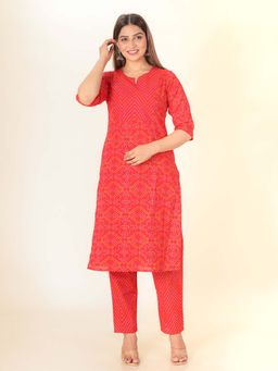 ARAMYA - Women Soft Cotton Straight Bandhani Print Wedding Wear Kurta with Pant (Set of 2)