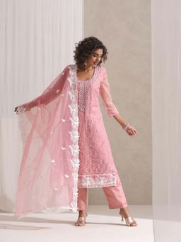 Triyah - Pink Beaded and Embroidered Organza Kurta and Border Dupatta with Pyjama (Set of 3)