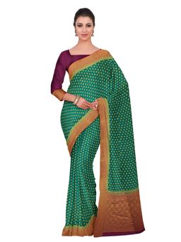 Mimosa - Green Banarasi Style Chiffon Saree With Unstitched Blouse
