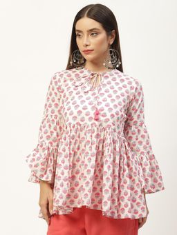 Gahan - White Booti Printed Flared Cotton Top