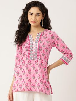 Gahan - Pink Floral Printed Sequinned Pure Cotton Top