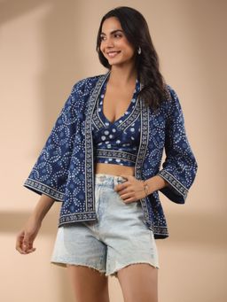 Gahan - Indigo Cotton Printed Top And Shrug Set