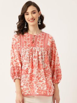 Gahan - Coral Hand-Block Printed Boho Volume Sleeves Top