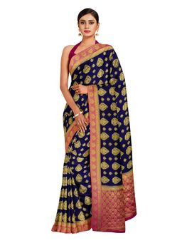 Mimosa - Navy Blue Banarasi Style Chiffon Saree With Unstitched Blouse