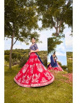 SWATHI VELDANDI - Red and Blue Birds Lehenga Choli and Dupatta (Set of 3)