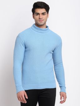 Club York - Men Sky Blue Full Sleeve Turtle Neck Self Design Sweater