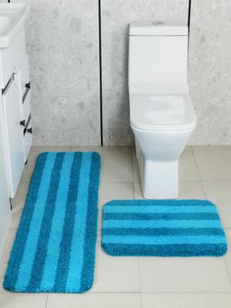 Saral Home - Blue Digo Micro Plush Stripes Bath Mat & Runner (Set Of 2)