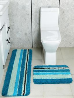 Saral Home - Blue Aby Micro Plush Colorful Stripe Bath & Runner (Set Of 2)