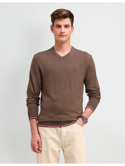 Arrow Sports - Textured Brown Full Sleeves V-Neck Sweater