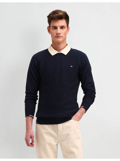 Self Design Navy Blue Full Sleeves Sweater