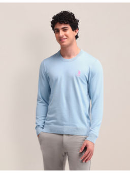 U.S. POLO ASSN. - Textured Blue Full Sleeves Crew Neck Sweater