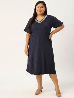 theRebelinme - Womens Navy Blue Solid Color Kardana Tape A-line Midi Dress
