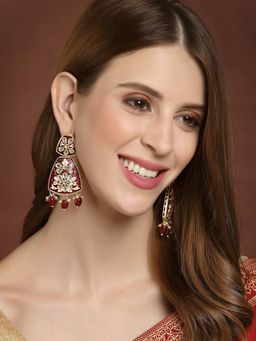 PANASH - Red Gold-Plated Kundan Enamelled Drop Earrings