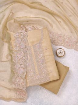 Koskii - Cream Zari Work (Gold) Tissue Unstitched Kurta with Bottom & Dupatta
