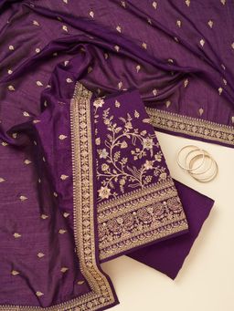 Koskii - Purple Cording Soft Raw Silk Unstitched Kurta with Bottom & Dupatta